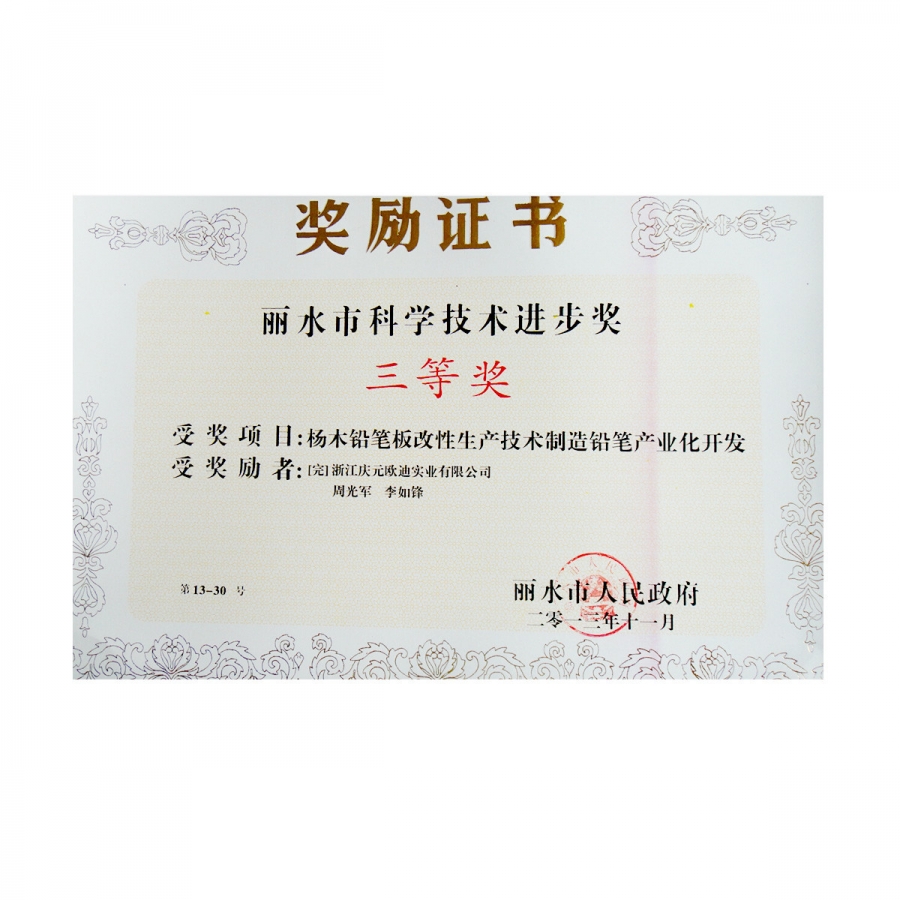 麗水市科學(xué)技術(shù)進(jìn)步獎(jiǎng)三等獎(jiǎng)